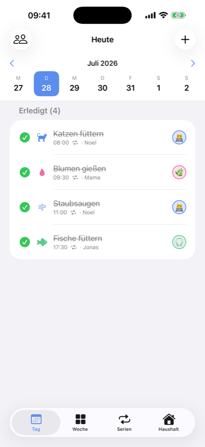 Tagesansicht mit den Aufgaben von heute